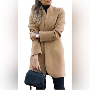 Women's Basic Stand Collar Slim Fit Jacket Pea Coat Notched Lapel Trench Coat